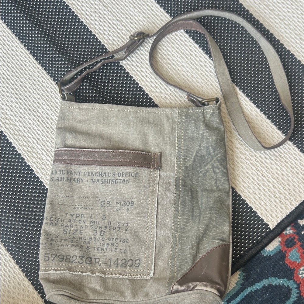 Mona B Olive Green Canvas Messenger Bag with Brown Leather Trim